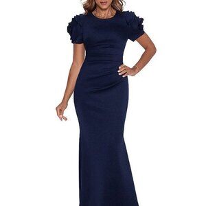 Xscape Rosette Short Sleeved Ruched Back Sheath Gown in Midnight